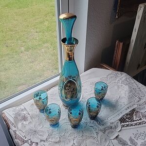 Tre Fuochi Venetian Murano Glass Blue W/ Gold Floral Decanter Set 5 Glasses
